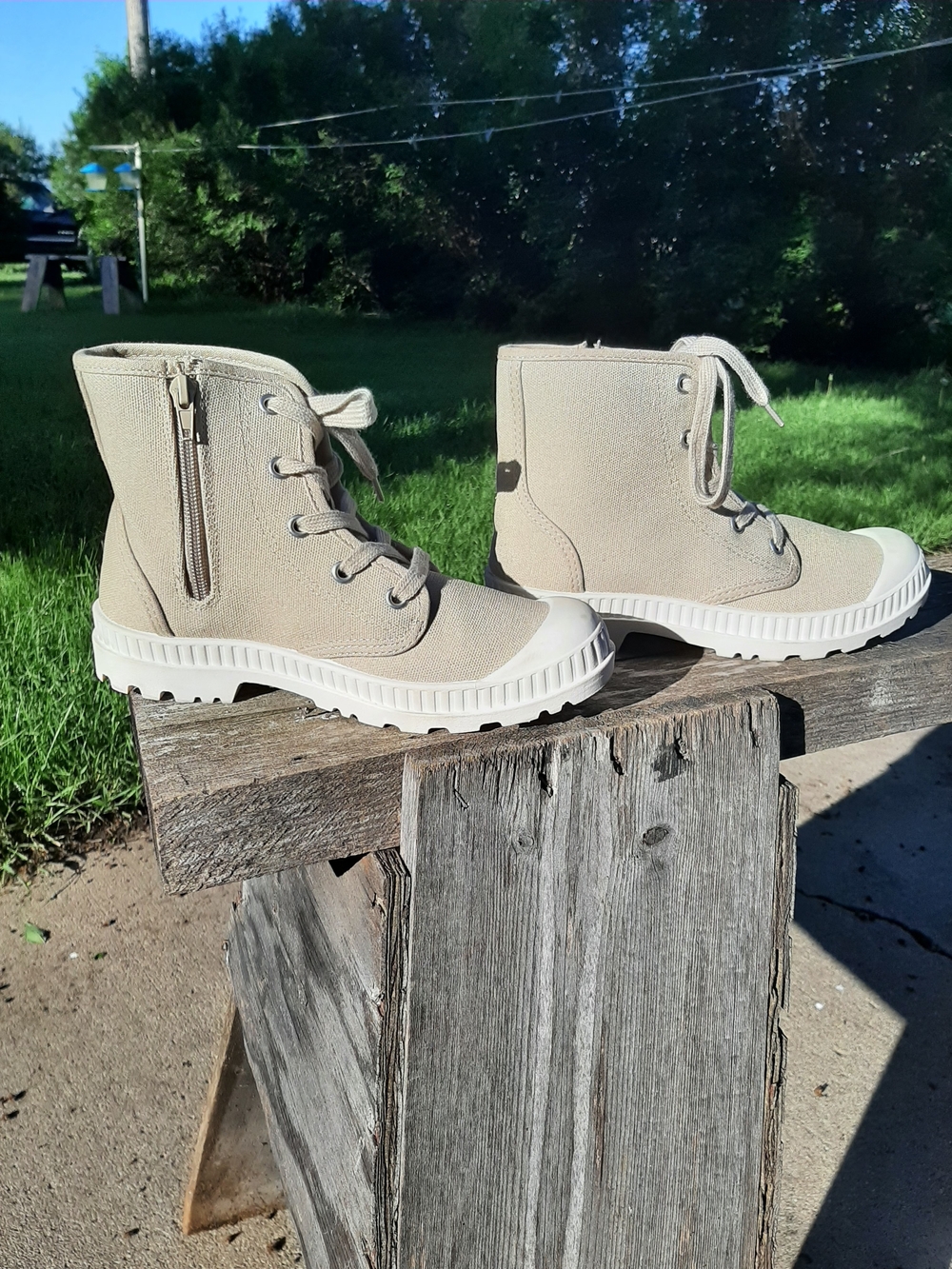 Beige Canvas Lace-Up Combat Boots